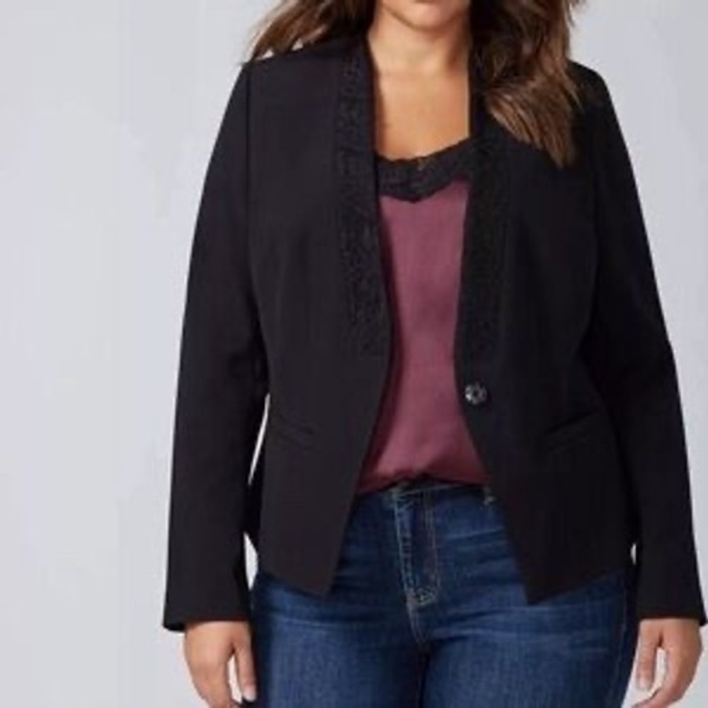 LANE BRYANT Tailored Stretch Black Lace Trimmed Blazer NWT | Size 16